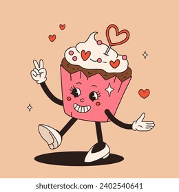 Valentine's Day set of funny vintage characters. Happy and cheerful retro. Old animation 60s 70s, groovy cartoon characters of coffee and sweets, donut, cupcake, espresso, latte, cocoa, cake. present.