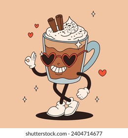 Valentine's Day set of funny vintage characters. Happy and cheerful retro. Old animation 60s 70s, groovy cartoon characters of coffee and sweets, donut, cupcake, espresso, latte, cocoa, cake. present.