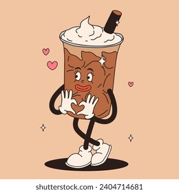 Valentine's Day set of funny vintage characters. Happy and cheerful retro. Old animation 60s 70s, groovy cartoon characters of coffee and sweets, donut, cupcake, espresso, latte, cocoa, cake. present.