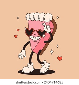 Valentine's Day set of funny vintage characters. Happy and cheerful retro. Old animation 60s 70s, groovy cartoon characters of coffee and sweets, donut, cupcake, espresso, latte, cocoa, cake. present.