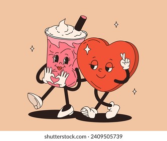 Valentine's Day set of funny vintage characters. Happy and cheerful retro. Old animation 60s 70s, groovy cartoon characters of coffee and sweets, donut, cupcake, espresso, latte, cocoa, cake. present.