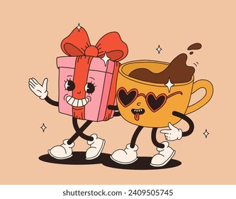Valentine's Day set of funny vintage characters. Happy and cheerful retro. Old animation 60s 70s, groovy cartoon characters of coffee and sweets, donut, cupcake, espresso, latte, cocoa, cake. present.