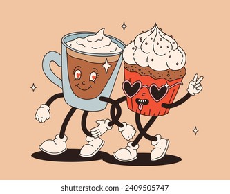 Valentine's Day set of funny vintage characters. Happy and cheerful retro. Old animation 60s 70s, groovy cartoon characters of coffee and sweets, donut, cupcake, espresso, latte, cocoa, cake. present.