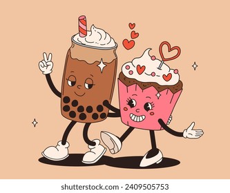 Valentine's Day set of funny vintage characters. Happy and cheerful retro. Old animation 60s 70s, groovy cartoon characters of coffee and sweets, donut, cupcake, espresso, latte, cocoa, cake. present.