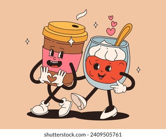 Valentine's Day set of funny vintage characters. Happy and cheerful retro. Old animation 60s 70s, groovy cartoon characters of coffee and sweets, donut, cupcake, espresso, latte, cocoa, cake. present.