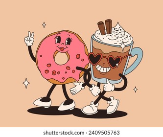 Valentine's Day set of funny vintage characters. Happy and cheerful retro. Old animation 60s 70s, groovy cartoon characters of coffee and sweets, donut, cupcake, espresso, latte, cocoa, cake. present.