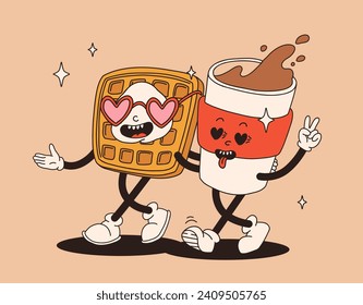 Valentine's Day set of funny vintage characters. Happy and cheerful retro. Old animation 60s 70s, groovy cartoon characters of coffee and sweets, donut, cupcake, espresso, latte, cocoa, cake. present.