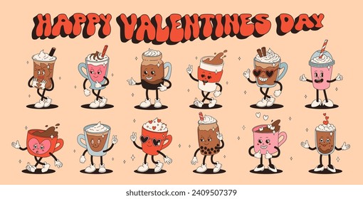 Valentine's Day set of funny vintage characters. Happy and cheerful retro. Old animation 60s 70s, groovy cartoon characters of coffee and sweets, donut, cupcake, espresso, latte, cocoa, cake. present.