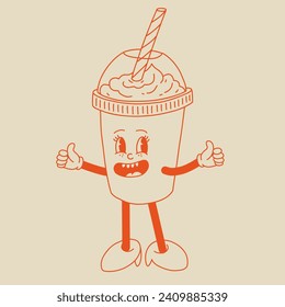 Valentine's Day set of funny vintage characters. Happy and cheerful retro. Old animation 60s 70s, groovy cartoon characters of coffee and sweets, donut, cupcake, espresso, latte, cocoa, cake. present.