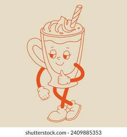 Valentine's Day set of funny vintage characters. Happy and cheerful retro. Old animation 60s 70s, groovy cartoon characters of coffee and sweets, donut, cupcake, espresso, latte, cocoa, cake. present.