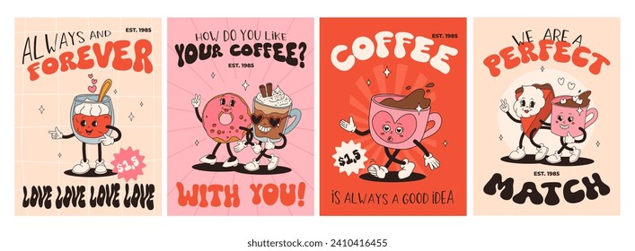 Valentine's Day set of funny vintage characters. Happy and cheerful retro. Old animation 60s 70s, groovy cartoon characters of coffee and sweets, donut, cupcake, espresso, latte, cocoa, cake. present.
