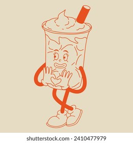 Valentine's Day set of funny vintage characters. Happy and cheerful retro. Old animation 60s 70s, groovy cartoon characters of coffee and sweets, donut, cupcake, espresso, latte, cocoa, cake. present.