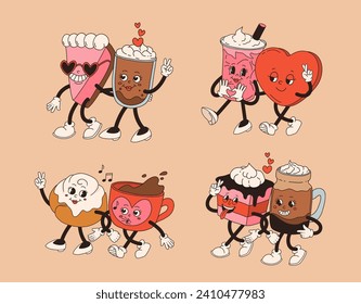 Conjunto de graciosos personajes vintage del Día de San Valentín. Retro alegre y alegre. Animación antigua de los años 70, dibujos animados de color de café y caramelos, donut, quequitos, espresso, latte, cacao, pastel. presente.