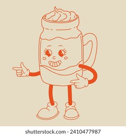 Valentine's Day set of funny vintage characters. Happy and cheerful retro. Old animation 60s 70s, groovy cartoon characters of coffee and sweets, donut, cupcake, espresso, latte, cocoa, cake. present.