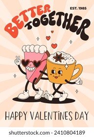 Valentine's Day set of funny vintage characters. Happy and cheerful retro. Old animation 60s 70s, groovy cartoon characters of coffee and sweets, donut, cupcake, espresso, latte, cocoa, cake. present.