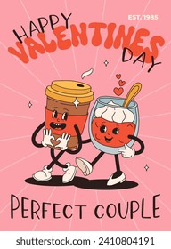 Valentine's Day set of funny vintage characters. Happy and cheerful retro. Old animation 60s 70s, groovy cartoon characters of coffee and sweets, donut, cupcake, espresso, latte, cocoa, cake. present.