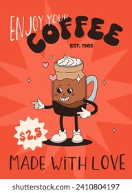Valentine's Day set of funny vintage characters. Happy and cheerful retro. Old animation 60s 70s, groovy cartoon characters of coffee and sweets, donut, cupcake, espresso, latte, cocoa, cake. present.