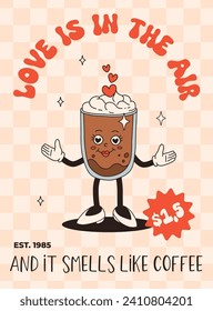 Valentine's Day set of funny vintage characters. Happy and cheerful retro. Old animation 60s 70s, groovy cartoon characters of coffee and sweets, donut, cupcake, espresso, latte, cocoa, cake. present.