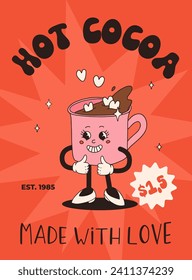 Valentine's Day set of funny vintage characters. Happy and cheerful retro. Old animation 60s 70s, groovy cartoon characters of coffee and sweets, donut, cupcake, espresso, latte, cocoa, cake. present.