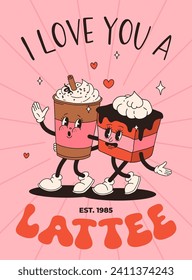 Valentine's Day set of funny vintage characters. Happy and cheerful retro. Old animation 60s 70s, groovy cartoon characters of coffee and sweets, donut, cupcake, espresso, latte, cocoa, cake. present.