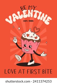 Valentine's Day set of funny vintage characters. Happy and cheerful retro. Old animation 60s 70s, groovy cartoon characters of coffee and sweets, donut, cupcake, espresso, latte, cocoa, cake. present.