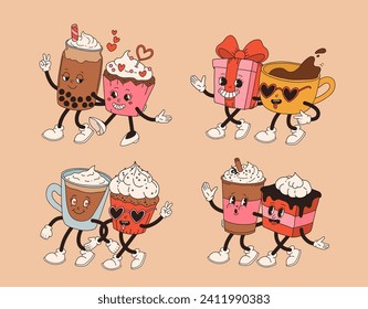 Valentine's Day set of funny vintage characters. Happy and cheerful retro. Old animation 60s 70s, groovy cartoon characters of coffee and sweets, donut, cupcake, espresso, latte, cocoa, cake. present.