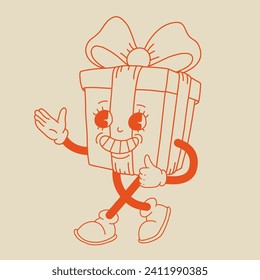 Valentine's Day set of funny vintage characters. Happy and cheerful retro. Old animation 60s 70s, groovy cartoon characters of coffee and sweets, donut, cupcake, espresso, latte, cocoa, cake. present.