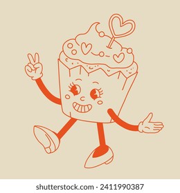 Valentine's Day set of funny vintage characters. Happy and cheerful retro. Old animation 60s 70s, groovy cartoon characters of coffee and sweets, donut, cupcake, espresso, latte, cocoa, cake. present.