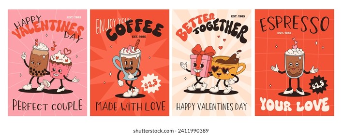 Valentine's Day set of funny vintage characters. Happy and cheerful retro. Old animation 60s 70s, groovy cartoon characters of coffee and sweets, donut, cupcake, espresso, latte, cocoa, cake. present.