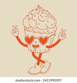 Valentine's Day set of funny vintage characters. Happy and cheerful retro. Old animation 60s 70s, groovy cartoon characters of coffee and sweets, donut, cupcake, espresso, latte, cocoa, cake. present.