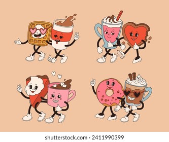 Valentine's Day set of funny vintage characters. Happy and cheerful retro. Old animation 60s 70s, groovy cartoon characters of coffee and sweets, donut, cupcake, espresso, latte, cocoa, cake. present.