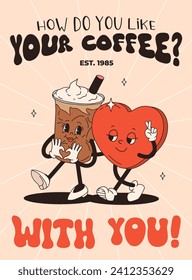 Valentine's Day set of funny vintage characters. Happy and cheerful retro. Old animation 60s 70s, groovy cartoon characters of coffee and sweets, donut, cupcake, espresso, latte, cocoa, cake. present.