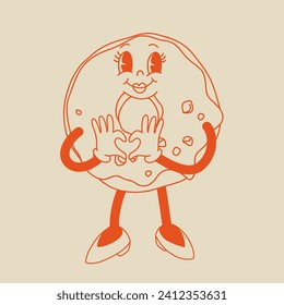 Valentine's Day set of funny vintage characters. Happy and cheerful retro. Old animation 60s 70s, groovy cartoon characters of coffee and sweets, donut, cupcake, espresso, latte, cocoa, cake. present.