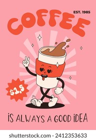 Valentine's Day set of funny vintage characters. Happy and cheerful retro. Old animation 60s 70s, groovy cartoon characters of coffee and sweets, donut, cupcake, espresso, latte, cocoa, cake. present.