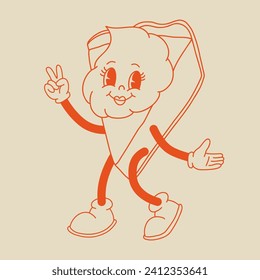 Valentine's Day set of funny vintage characters. Happy and cheerful retro. Old animation 60s 70s, groovy cartoon characters of coffee and sweets, donut, cupcake, espresso, latte, cocoa, cake. present.