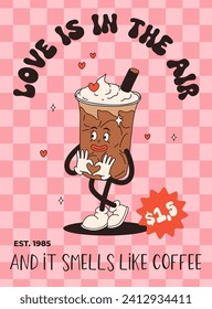 Valentine's Day set of funny vintage characters. Happy and cheerful retro. Old animation 60s 70s, groovy cartoon characters of coffee and sweets, donut, cupcake, espresso, latte, cocoa, cake. present.