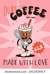 Valentine's Day set of funny vintage characters. Happy and cheerful retro. Old animation 60s 70s, groovy cartoon characters of coffee and sweets, donut, cupcake, espresso, latte, cocoa, cake. present.