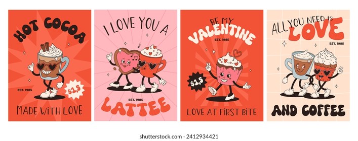 Valentine's Day set of funny vintage characters. Happy and cheerful retro. Old animation 60s 70s, groovy cartoon characters of coffee and sweets, donut, cupcake, espresso, latte, cocoa, cake. present.