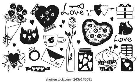Valentine's Day set with gift and other romantic elements, doodle glyph vector white background. Linear present, flower bouquet, cupcake pizza, candy, mail. Black and white love concept illustration