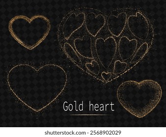 Valentine's Day. Set of gold isolated hearts made of glitter tinsel.