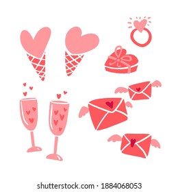 Valentines Day set with hand drawn love elements in modern flat style. Template for sticker kit, greeting, congratulations, invitations, planners. Vector isolated illustration.