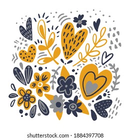 Valentines Day set with hand drawn love elements in modern flat style. Template for sticker kit, greeting, congratulations, invitations, planners. Vector isolated illustration.