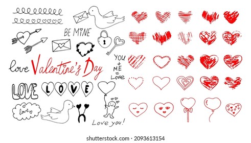 valentines day set hand drawn doodle. vector, scandinavian. icon, sticker, card, love, romance