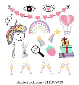 día de San Valentín dibujado a mano. icono de colección, etiqueta adhesiva