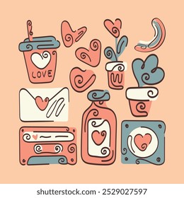 Día de San Valentín conjunto de ilustraciones dibujadas a mano corazones cartas de amor pociones de amor artículos de amor para el diseño