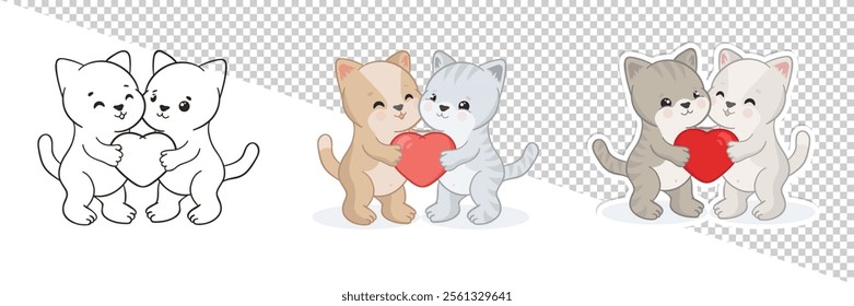 Valentine's day set of hand drawn cartoon, outline illustration and sticker with two cute puffy kittens holding a big hear together. Minimalist doodle romantic art with kawaii adorable little cats