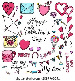 valentines day set hand written vector illustration with lettering.