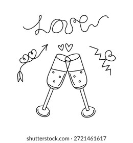 Valentinstag. Satz handgezeichneter Symbole für Doodle-Linien. Weinglas, Wein. Herzform, Pfeile, Handschrift. Vektorgrafik. Einziger Hintergrund.