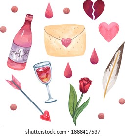 valentine's day set heart, bottle, wine, glass, flower, letter, pen, drops and circles