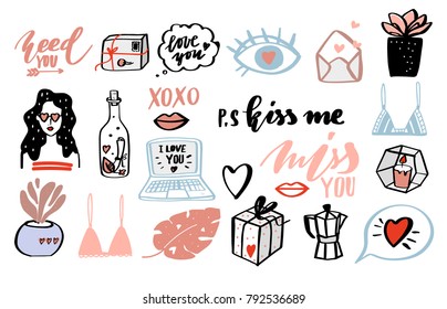 Valentines Day set.  Heart, eyes, flowers, bra, speech bubbles.  Fall in love. Template for Stickers, Greeting Scrapbooking, Congratulations, Invitations, Planners. Vector illustration